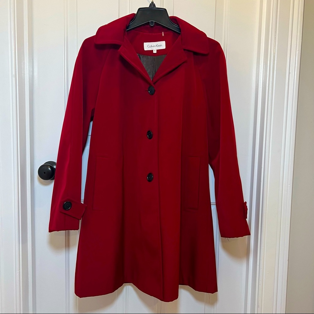 Calvin Klein Red Lined Raincoat with Detachable Hood - XS